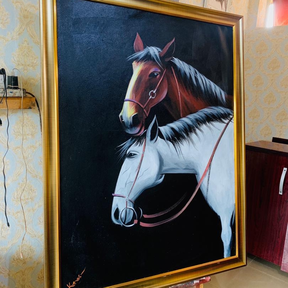 Elegant Horse Portrait Painting with Gold Frame